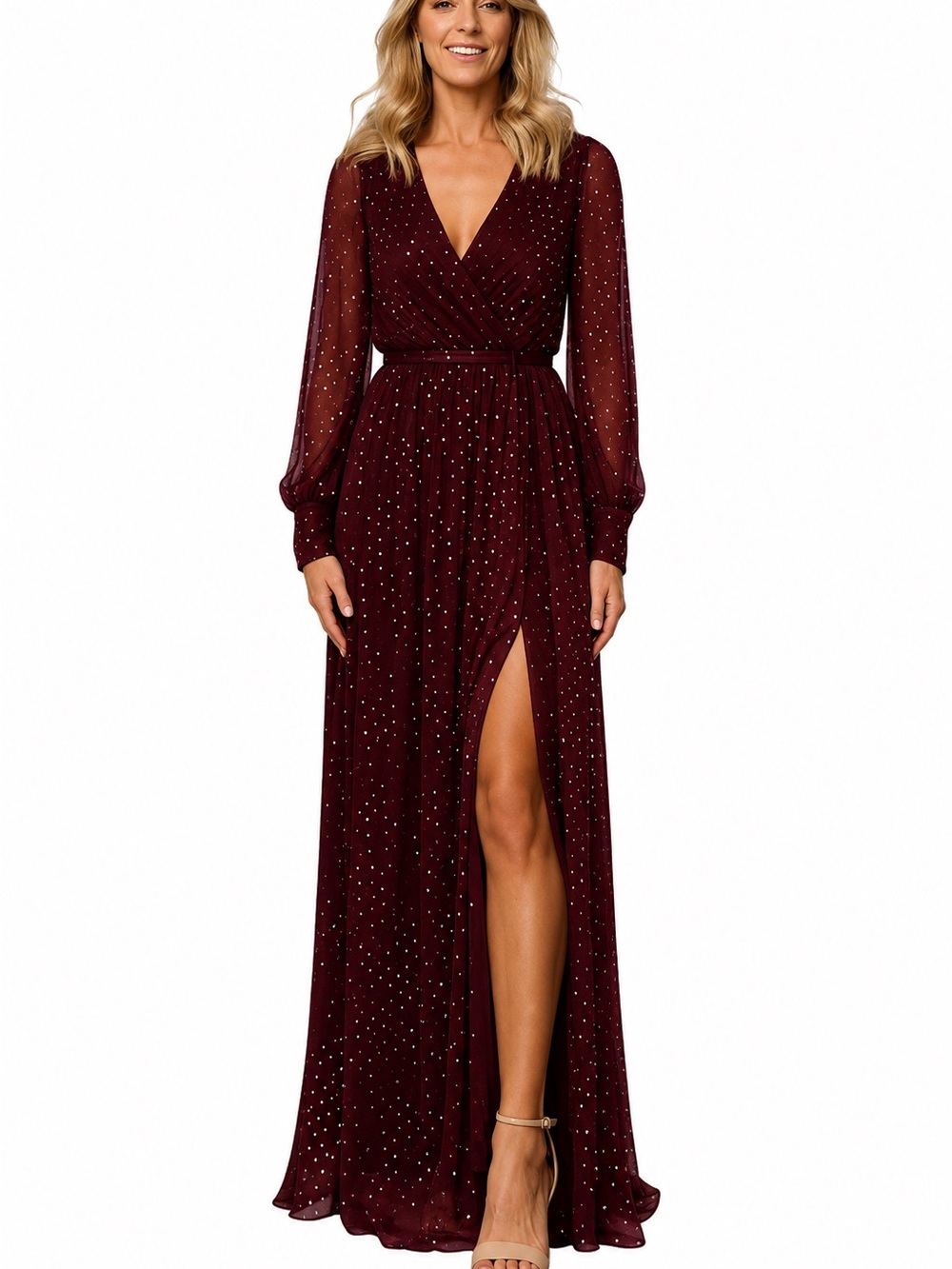 Long Sleeve Sparkle V-Neck Maxi Dress with Slit Mulberry